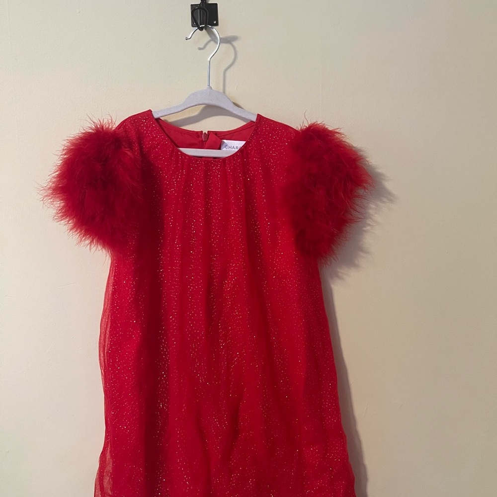 Charming Scarlet Kids Formal Dress with Feathered Sleeves